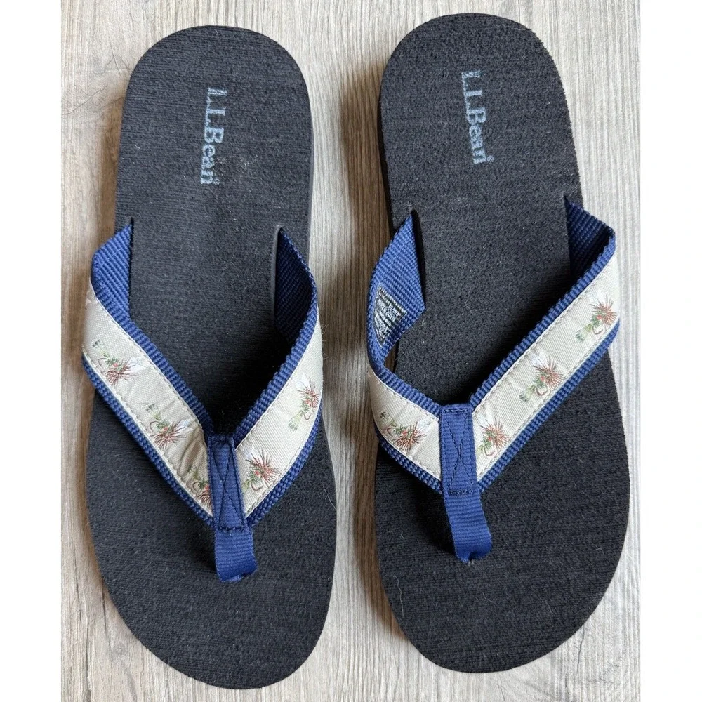 L.L.Bean Classic Maine Isle Fly Fishing Pattern Cushion Flip Flops Size 10 NWOT